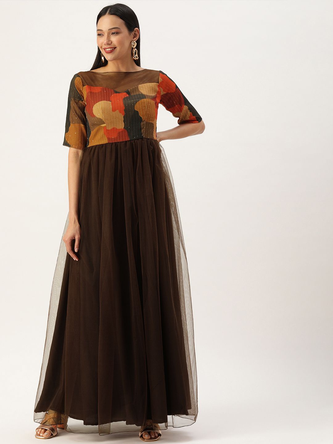 EthnoVogue Brown Net Maxi Dress Price in India