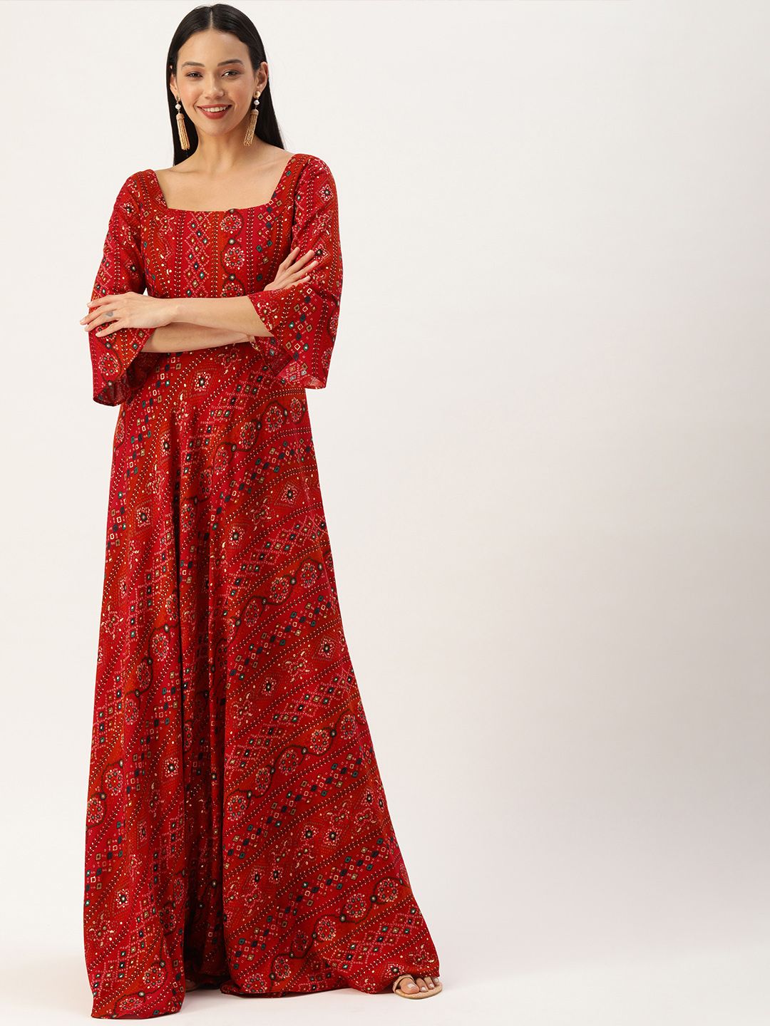 EthnoVogue Red Ethnic Motifs Maxi Dress Price in India