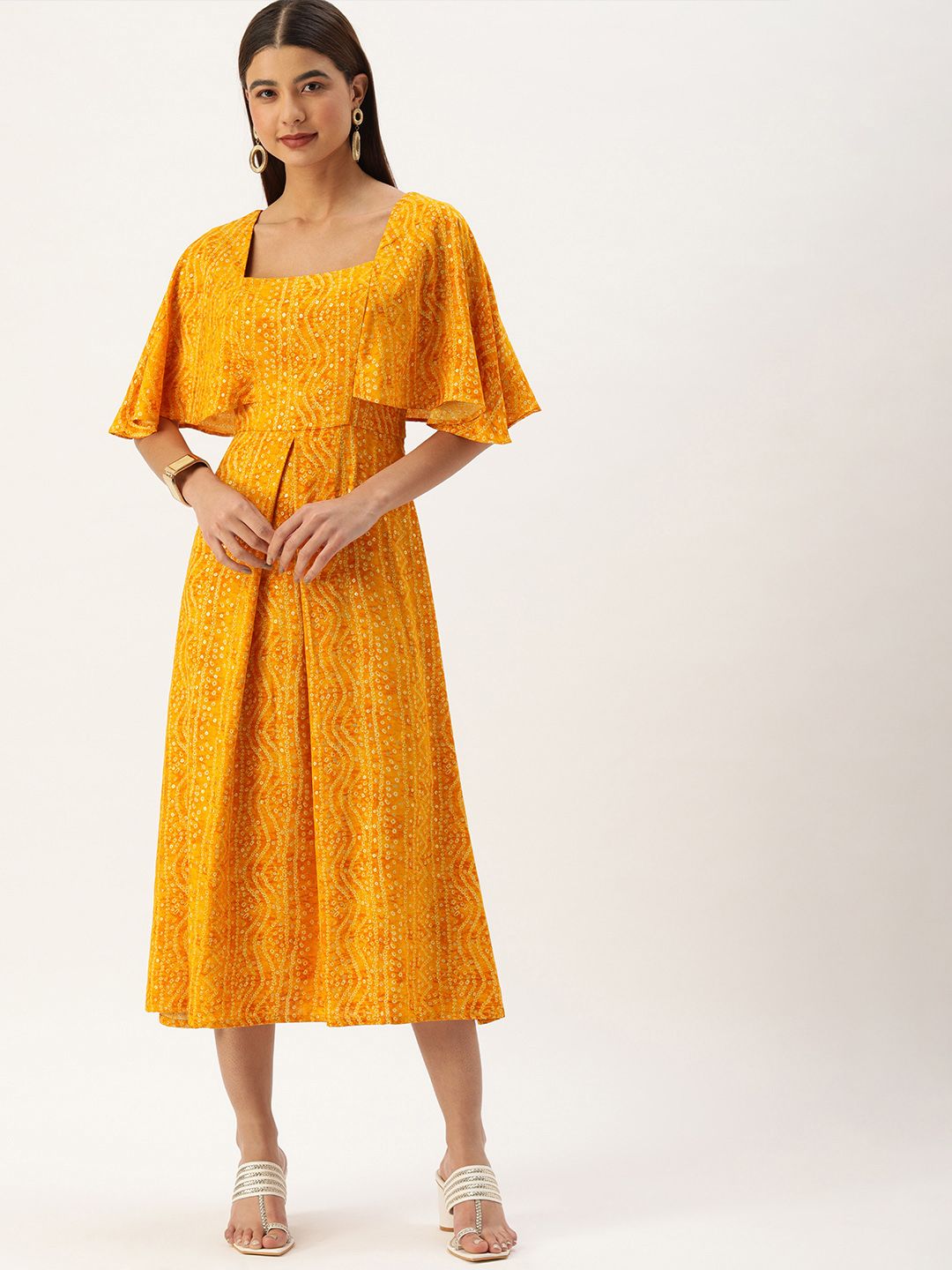 EthnoVogue Yellow Ethnic Motifs A-Line Midi Dress Price in India