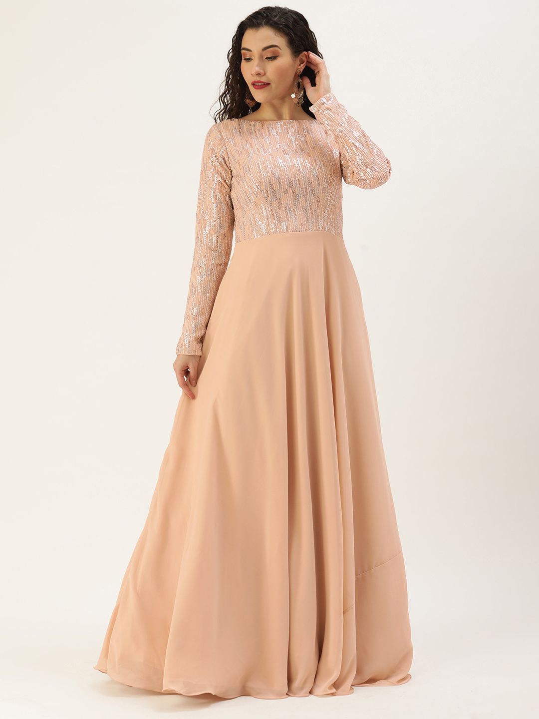EthnoVogue Peach-Coloured Embroidered Georgette Ethnic Maxi Dress Price in India