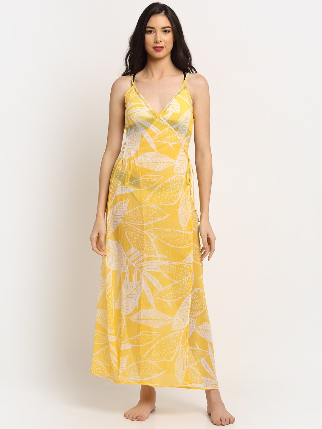 EROTISSCH Women Yellow & White Printed Beachwear Cover-Up Dress Price in India
