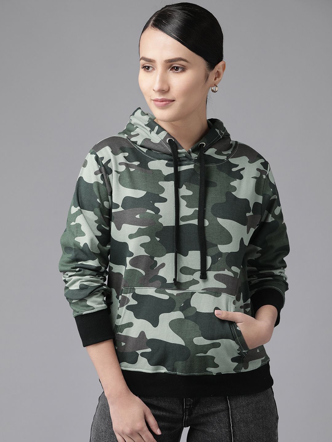 The Dry State Women Olive Green Printed Hooded Sweatshirt Price in India