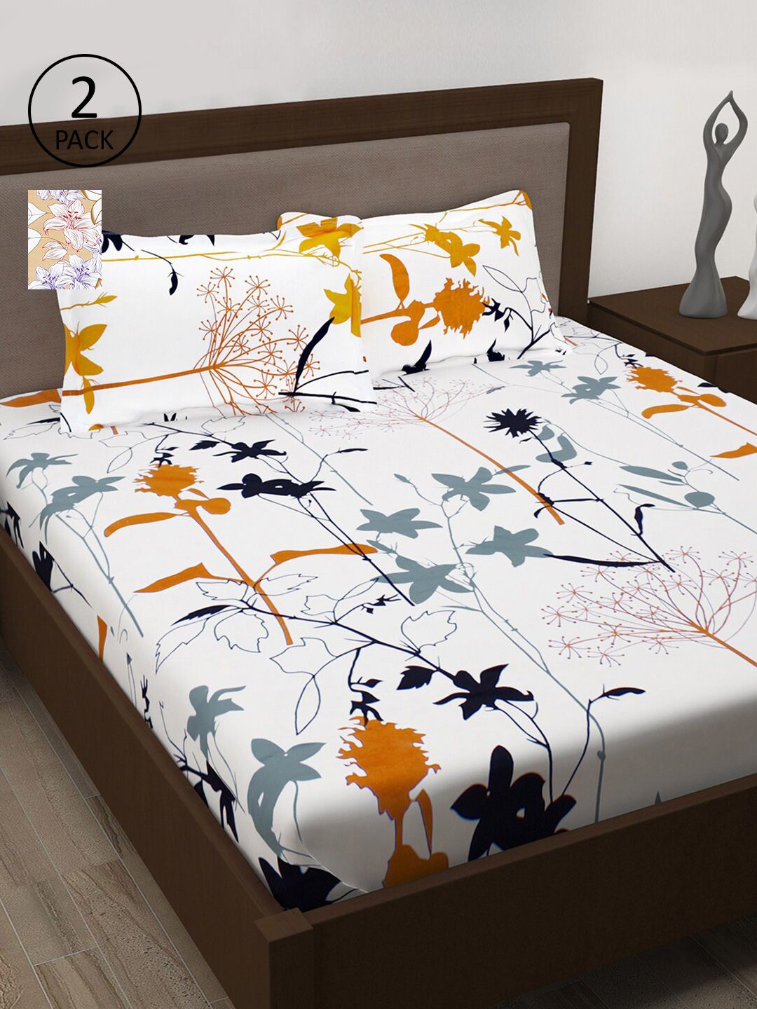 Story@home White & Beige Floral 186 TC 2 Queen Bedsheet with 4 Pillow Covers Price in India
