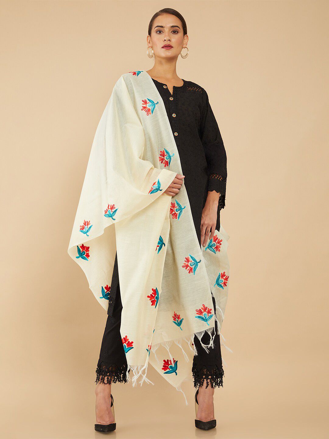 Soch Cream-Coloured & Blue Embroidered Pure Cotton Dupatta with Thread Work Price in India