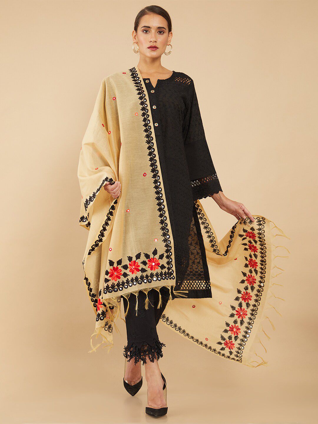 Soch Beige & Black Embroidered Pure Cotton Dupatta with Mirror Work Price in India