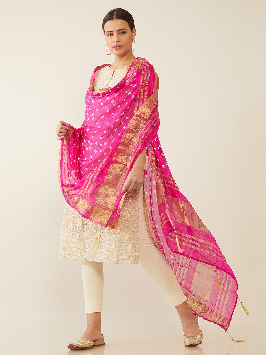 Soch Magenta & White Printed Art Silk Bandhani Dupatta with Zari Price in India