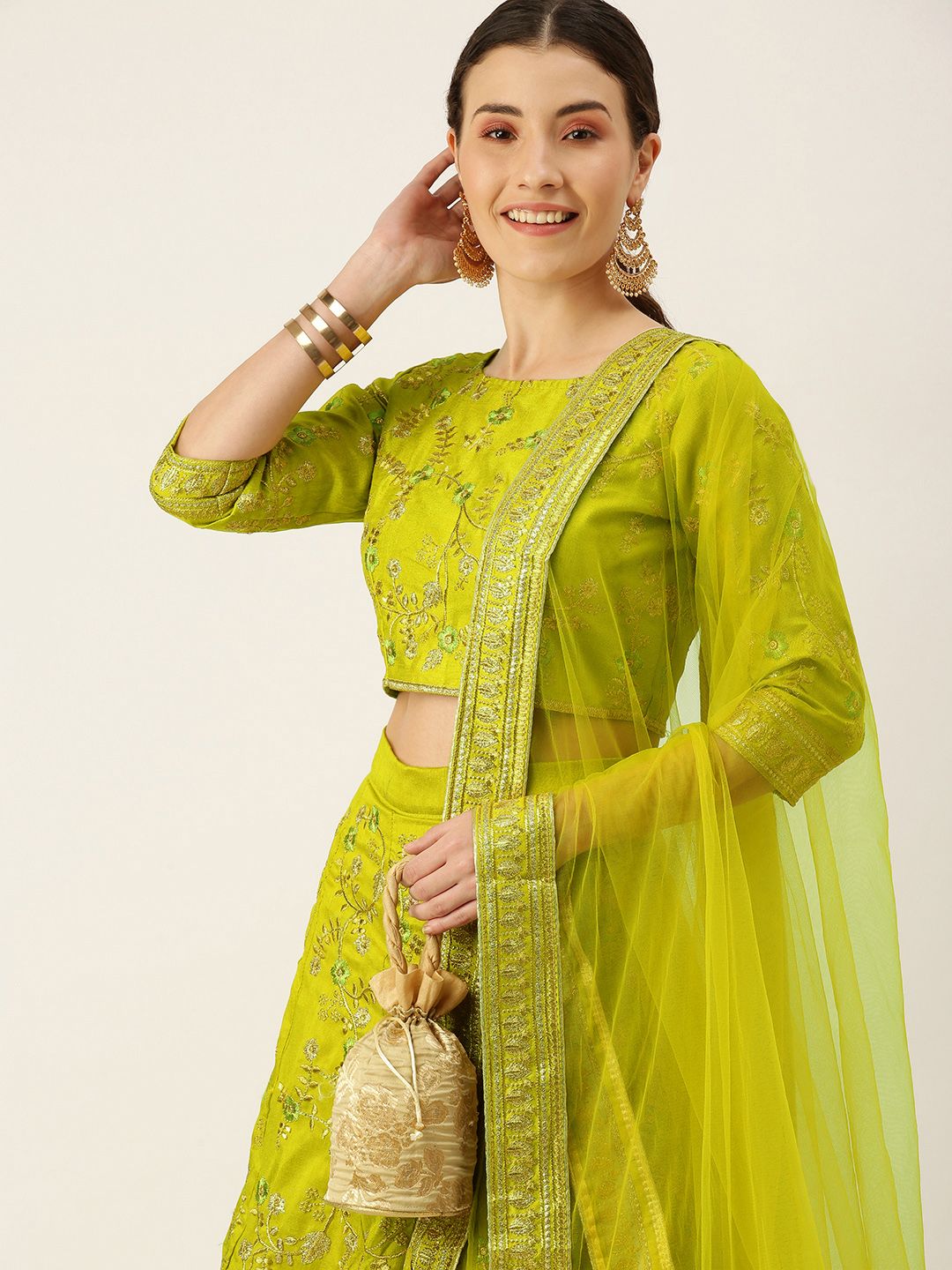Mameraa Green Embroidered Thread Work Semi-Stitched Lehenga & Unstitched Blouse With Dupatta Price in India