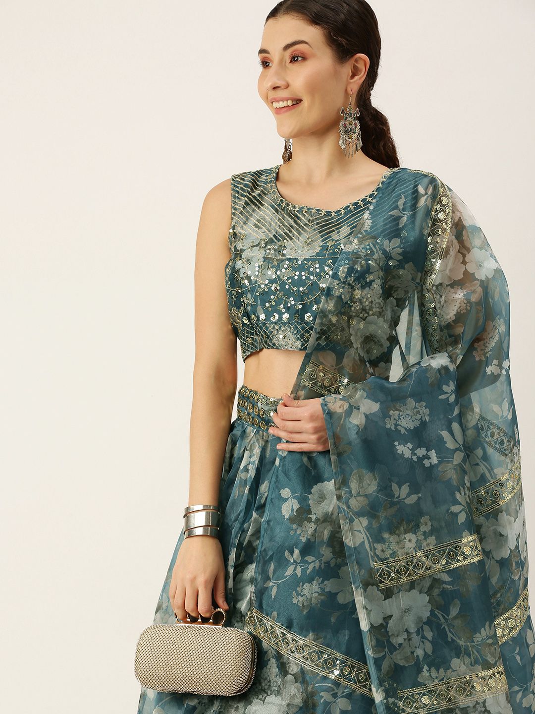 Mameraa Blue Printed Semi-Stitched Lehenga & Unstitched Blouse With Dupatta Price in India