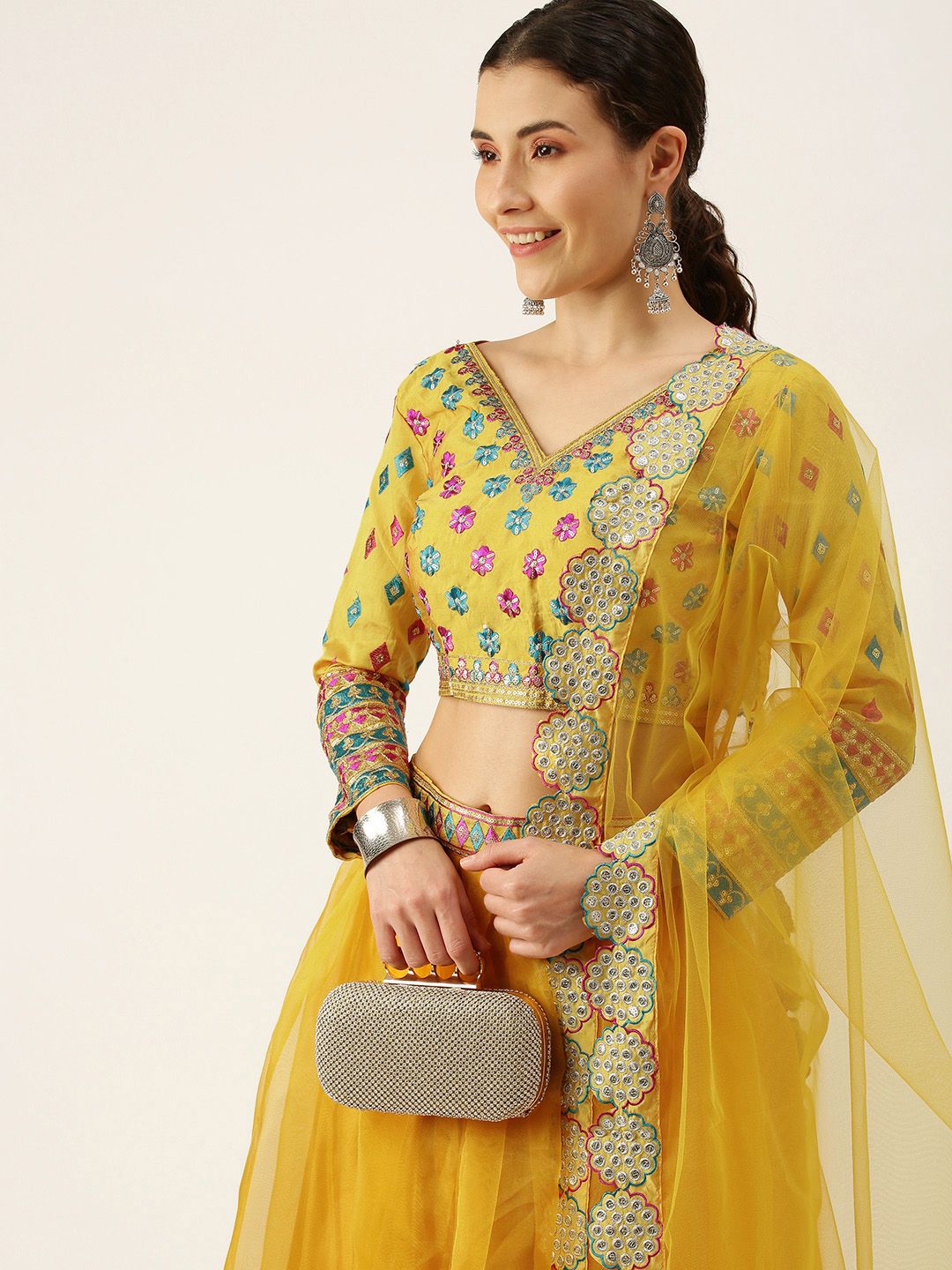 Mameraa Yellow Embroidered Sequinned Semi-Stitched Lehenga & Unstitched Blouse With Dupatta Price in India