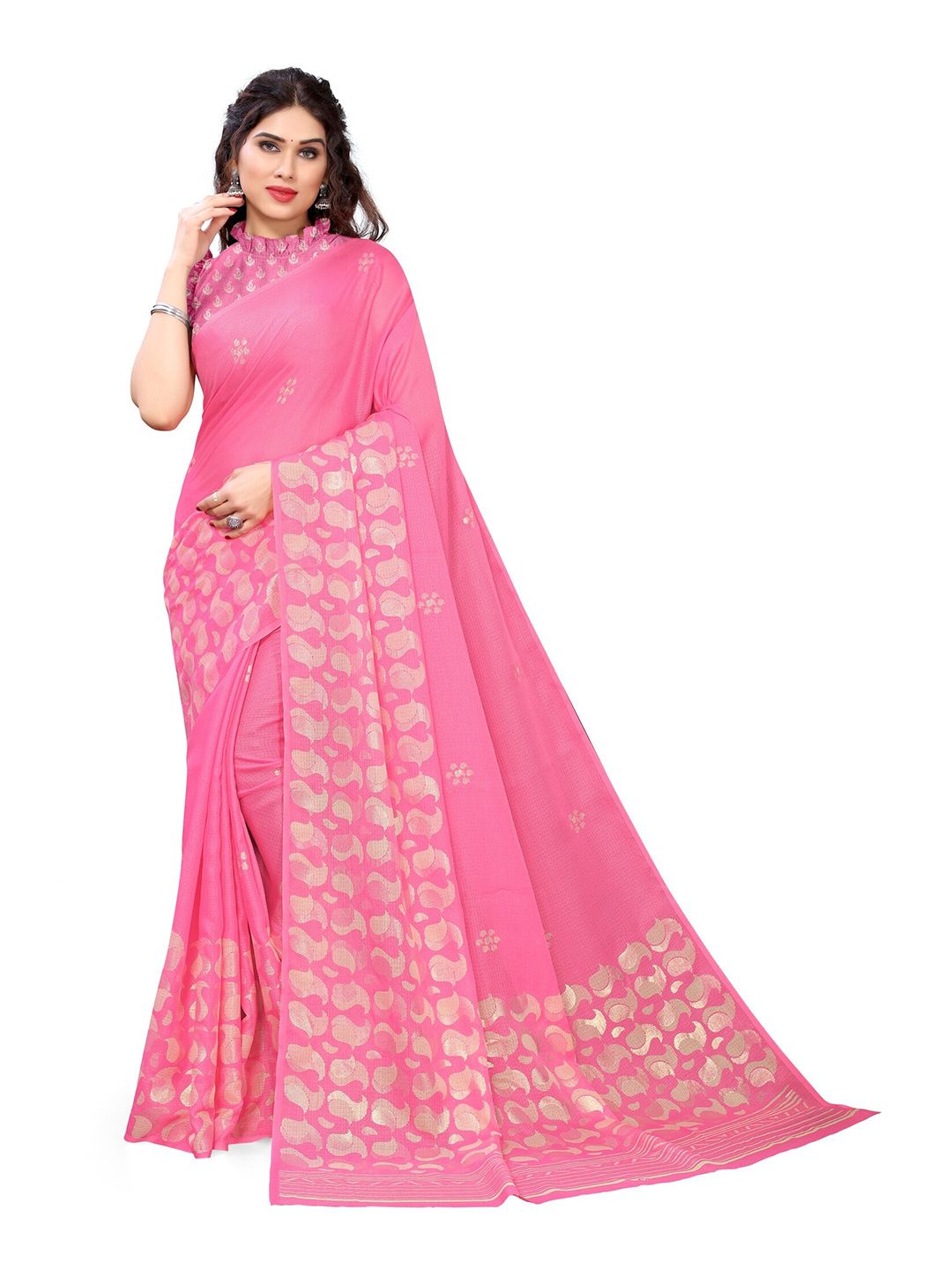 KALINI Pink & Gold-Toned Paisley Saree