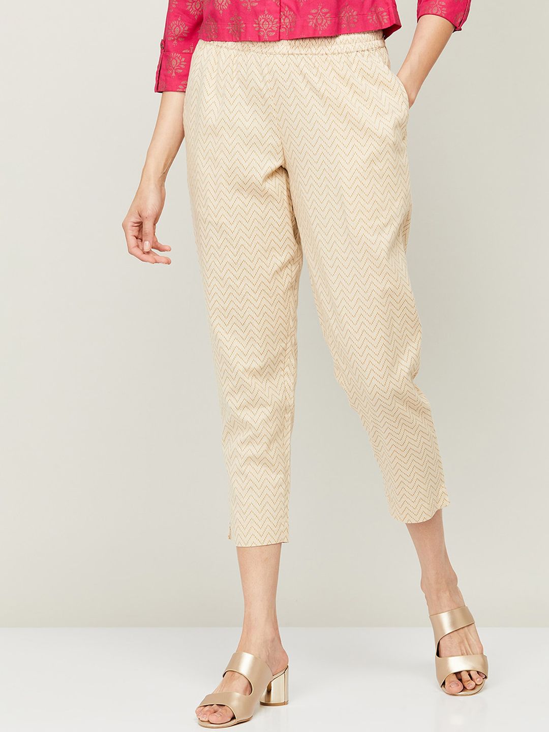 Melange by Lifestyle Women Beige Cotton Printed Trousers Price in India