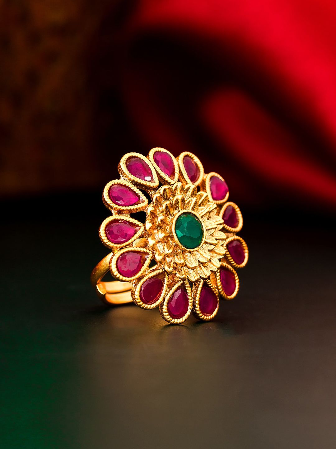 aadita Gold-Plated Pink & Green AD-Studded Finger Ring Price in India