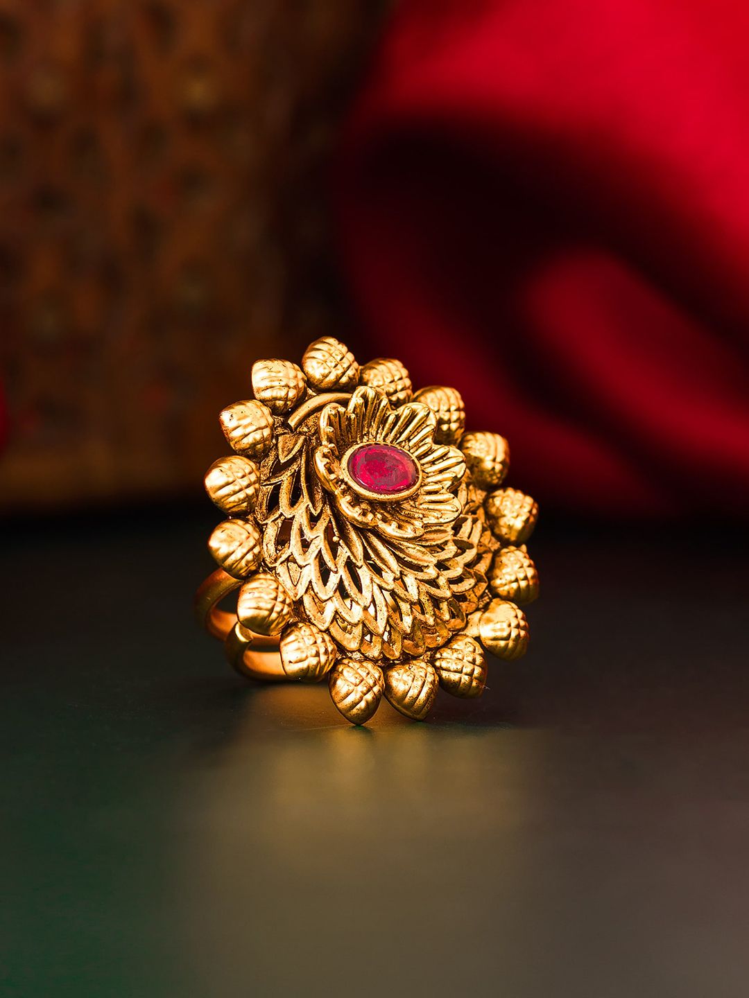 aadita Gold-Plated & Pink AD-Studded Adjustable Finger Ring Price in India