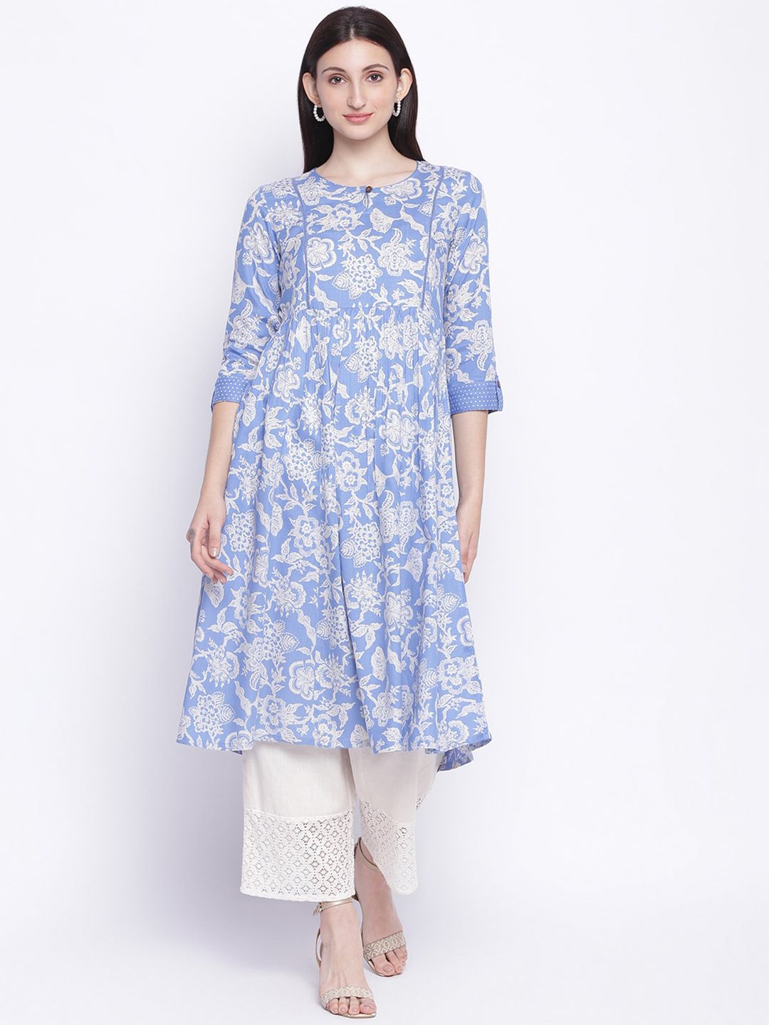 IMARA Women Blue & White Floral Print A-Line Midi Dress Price in India