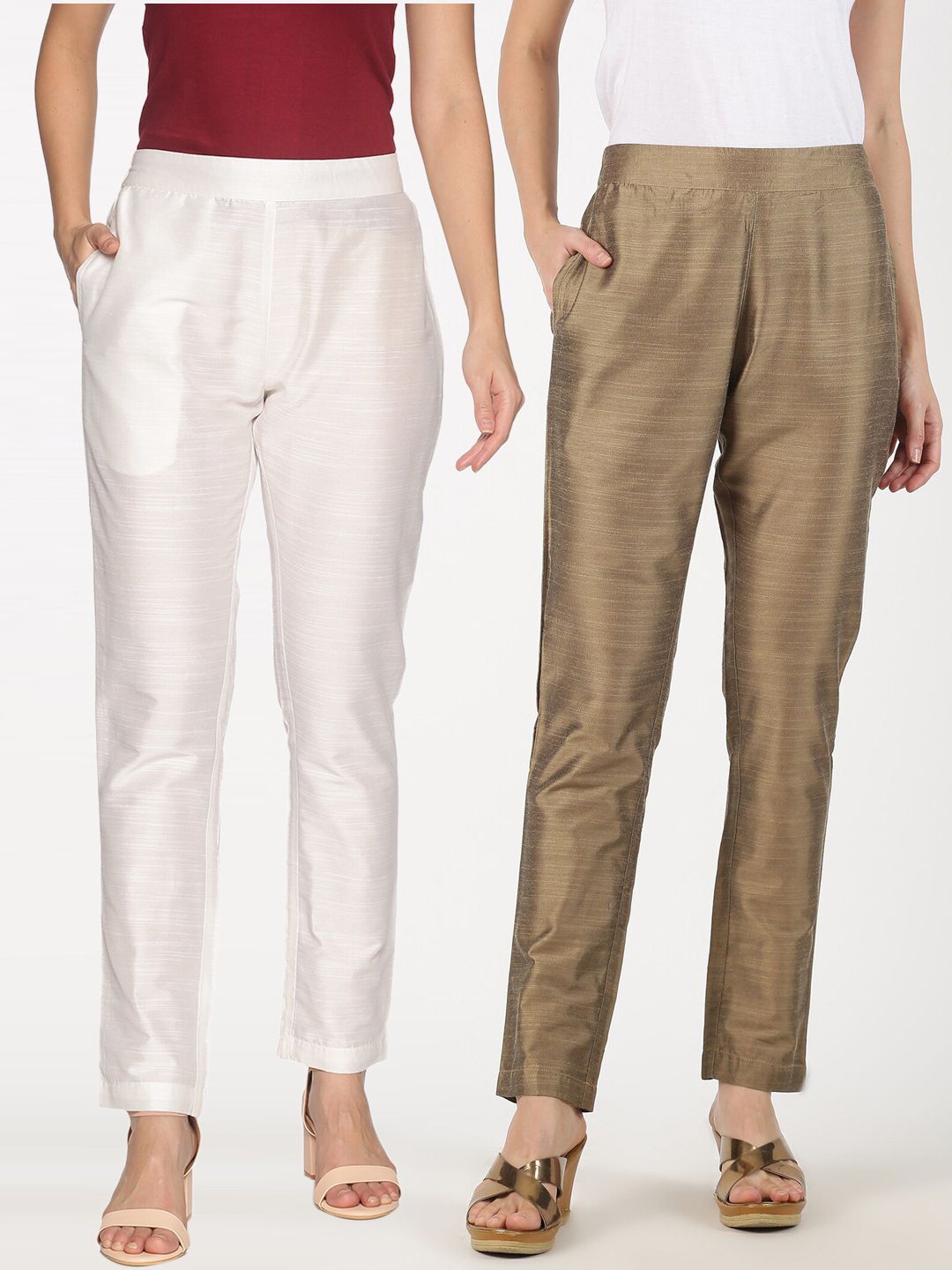 Saffron Threads Set Of 2 Women Solid Trousers Price in India