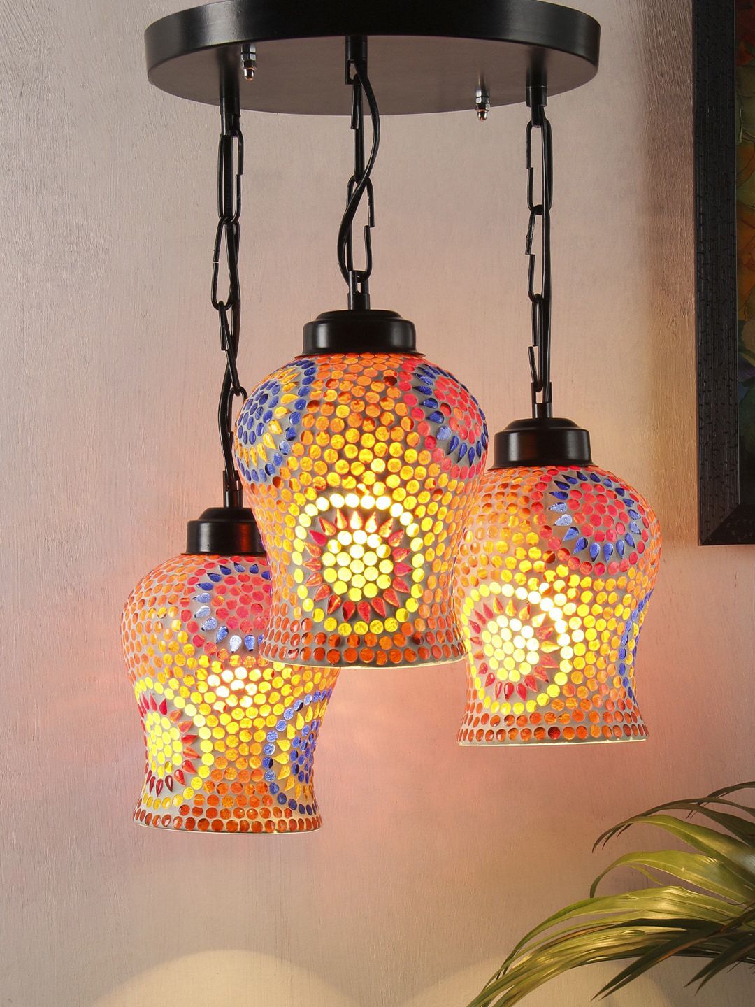 Devansh Orange Mosaic Glass Cluster Hanging Lamp Price in India