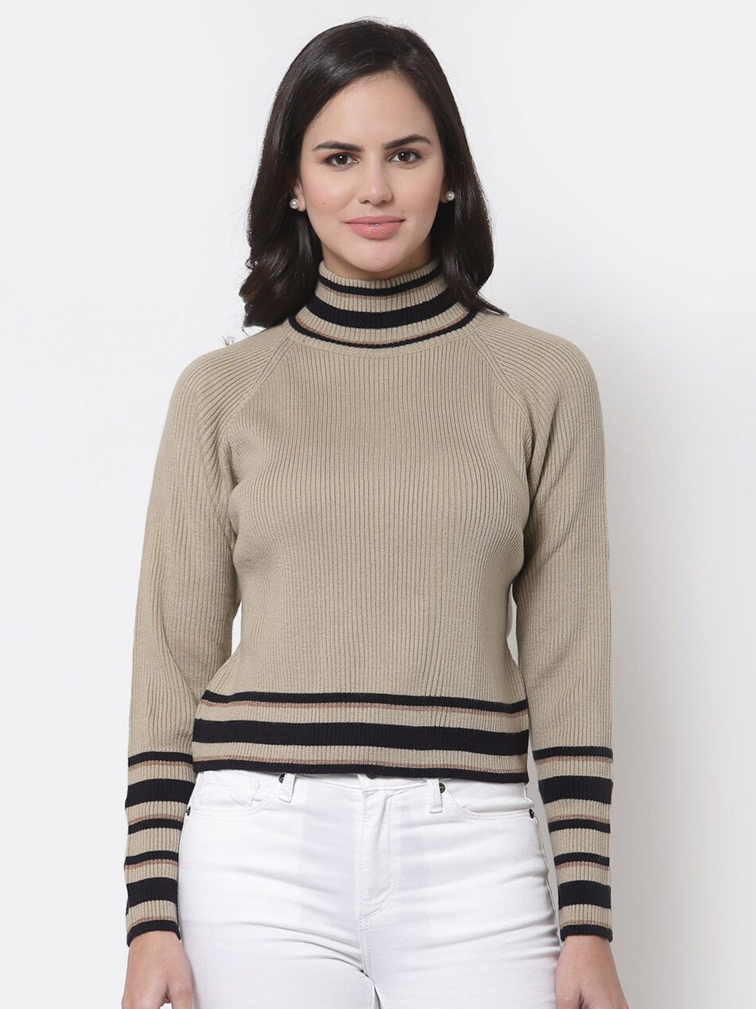 Style Quotient Women Beige & Black Ribbed Acrylic Pullover Price in India