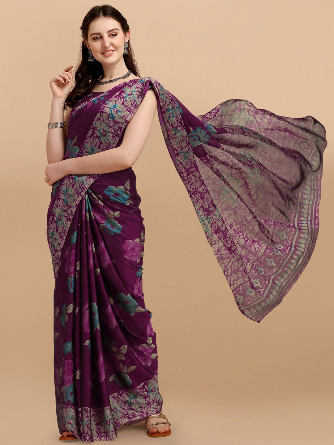 KALINI Purple & Blue Floral Printed Saree Price in India