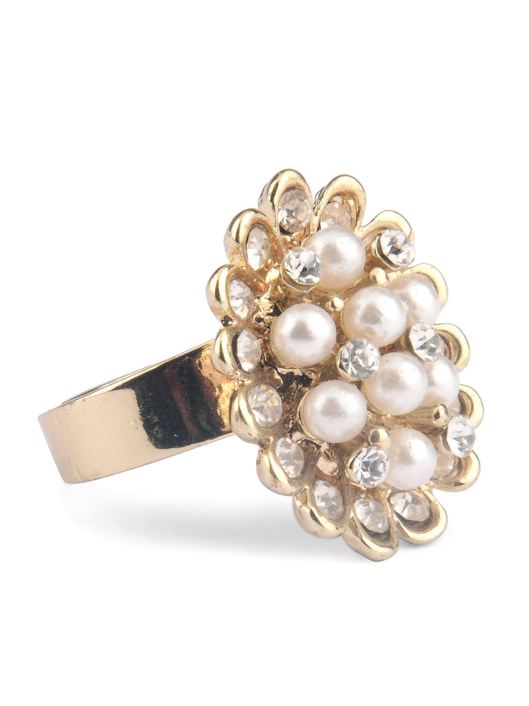 DIVA WALK Gold-Plated CZ Studded & Pearl Adjustable Ring Price in India