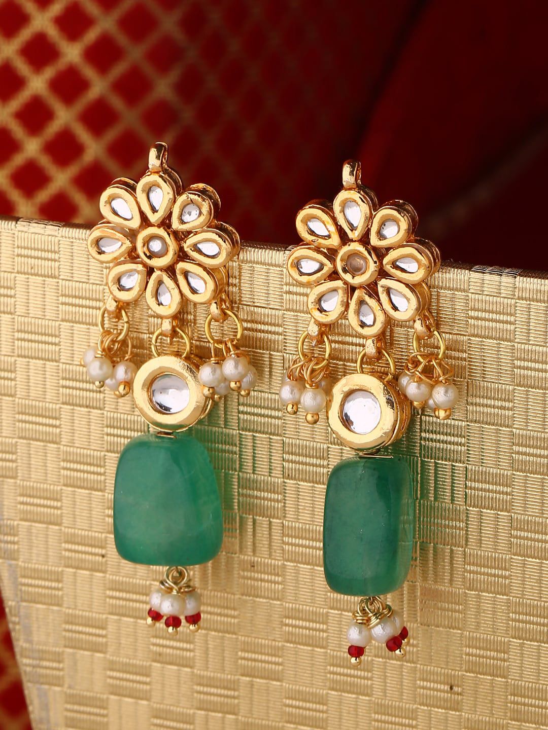 Shoshaa Gold-Plated Green Contemporary Drop Earrings Price in India