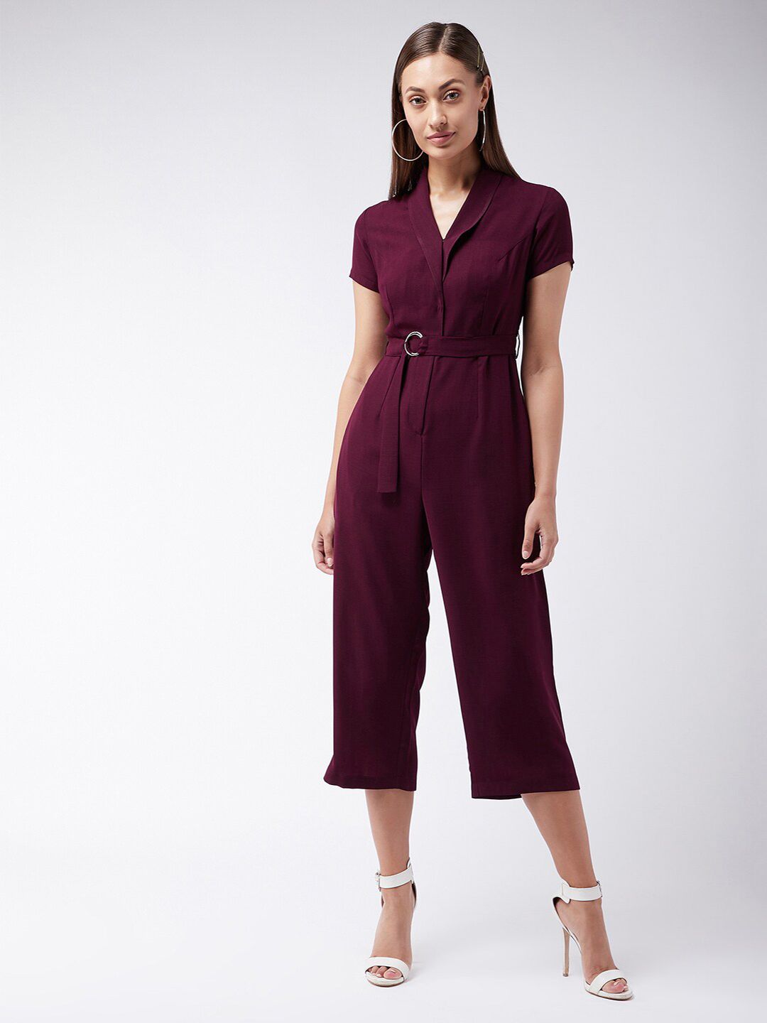 Miss Chase Purple Shawl Neck Smoked Culotte Jumpsuit Price in India