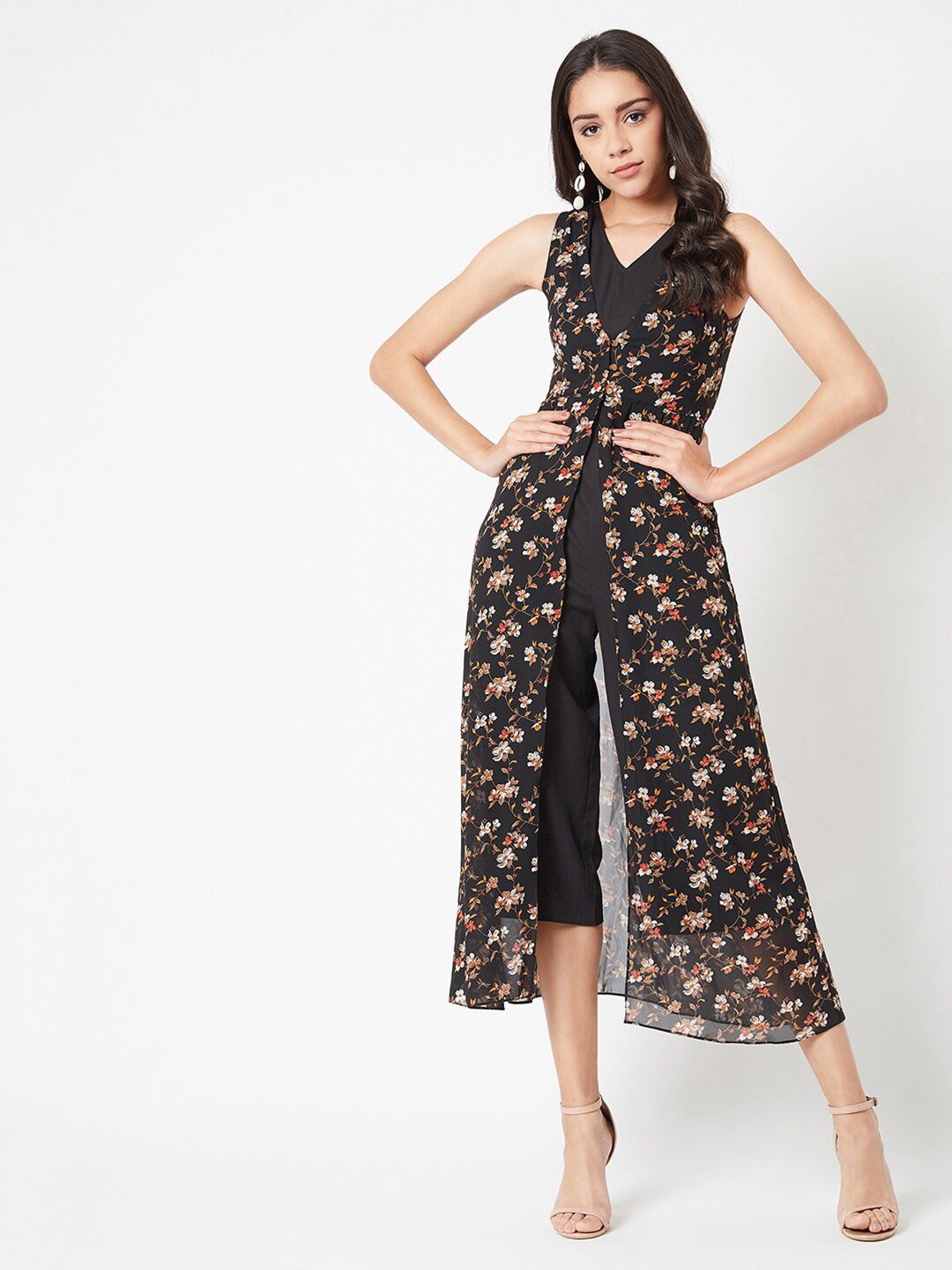Miss Chase Black Printed V-Neck Layered Basic Jumpsuit Price in India