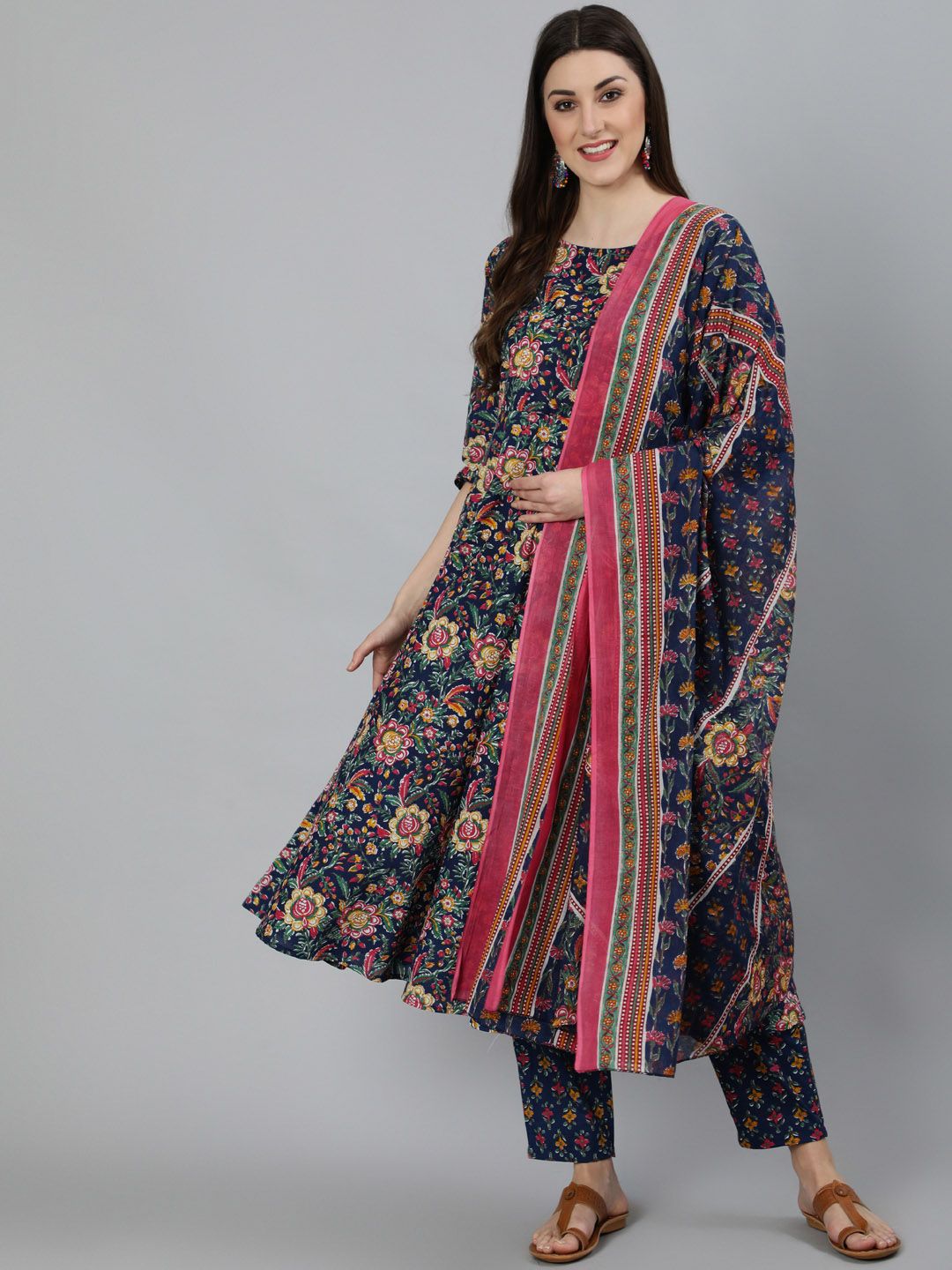 Nayo Woman Blue Floral Printed Pure Cotton Kurta with Trousers & With Dupatta Price in India