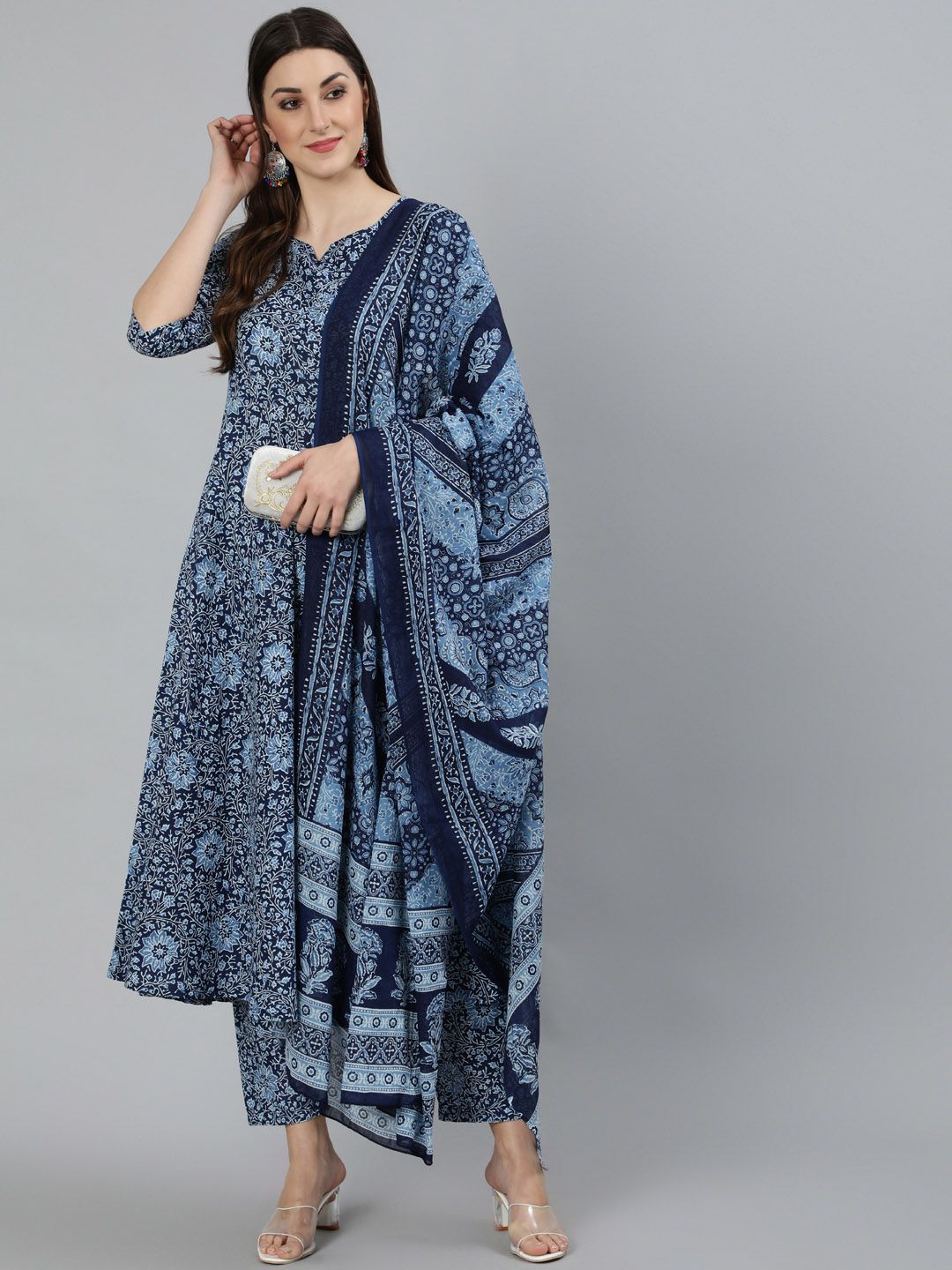 Nayo Women Blue Ethnic Motifs Printed Pure Cotton Kurta With Trousers & Dupatta Price in India