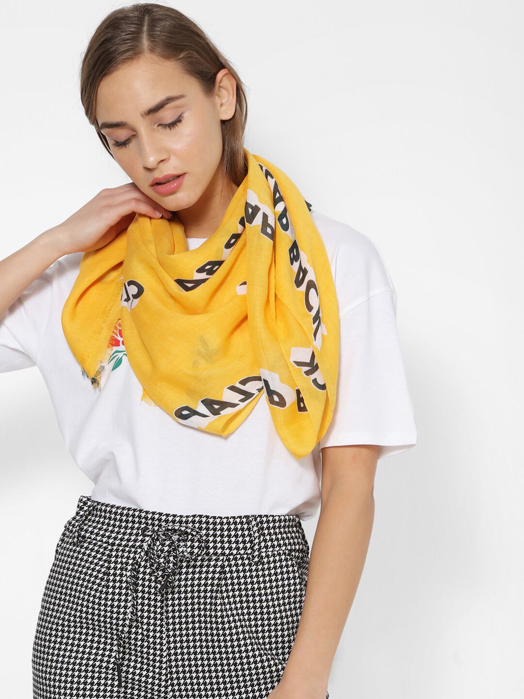 ONLY Women Yellow & Black Printed Scarf Price in India