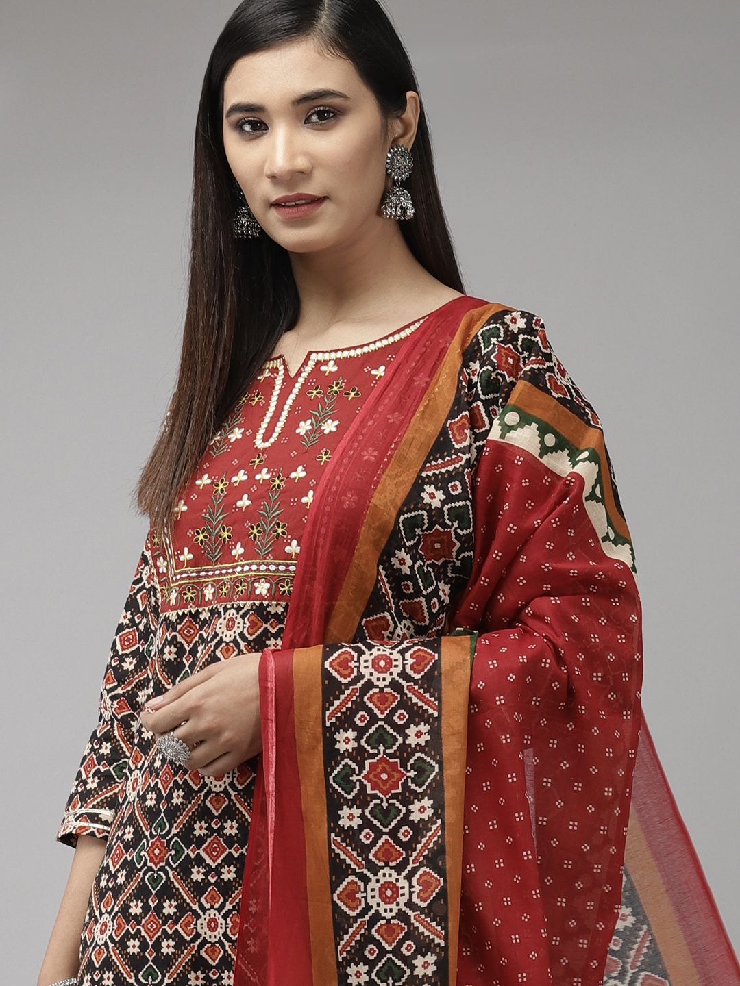 Yufta Women Red & Black Pure Cotton Yoke Design Kurta with Trousers & Dupatta Price in India