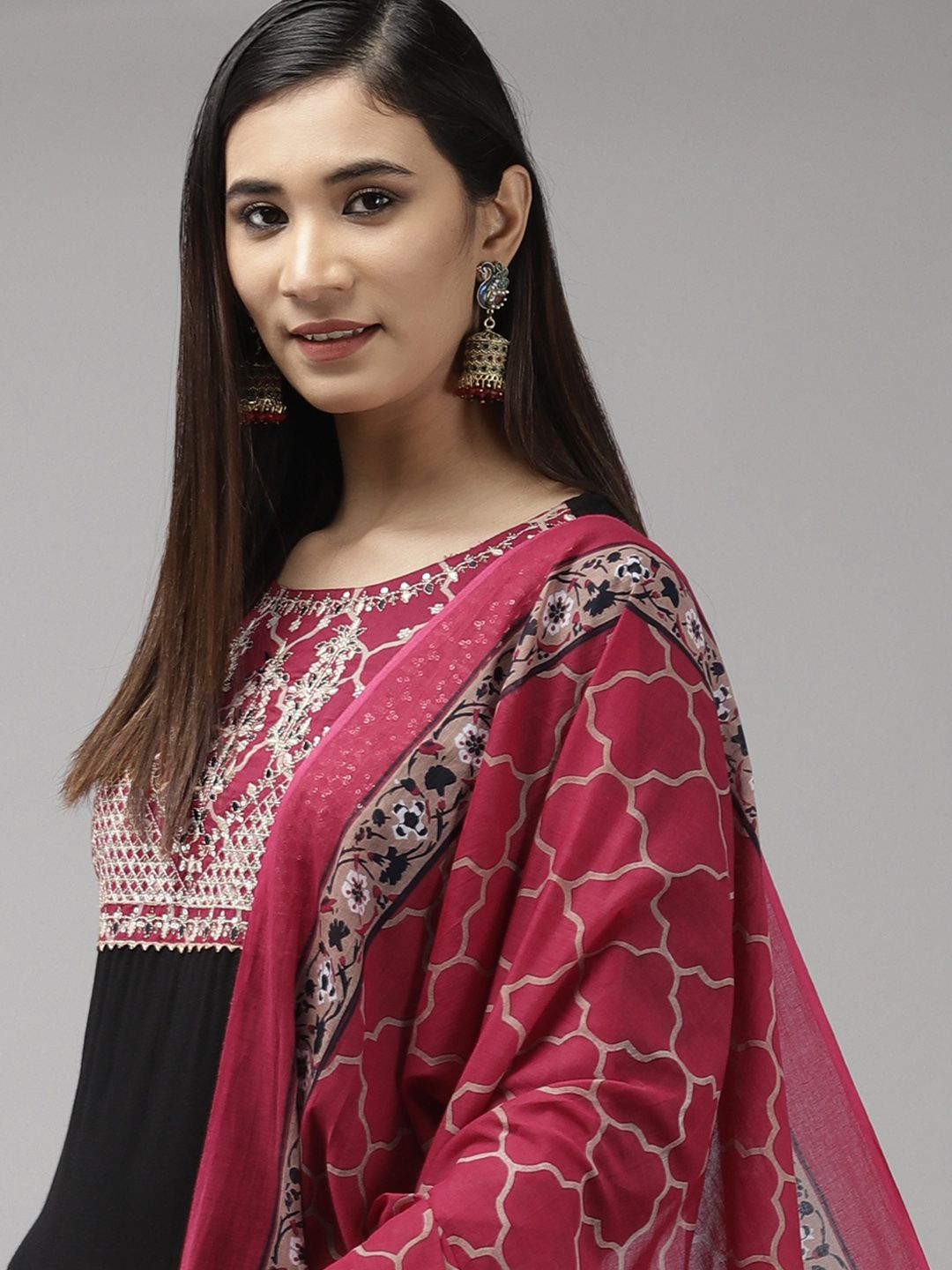 Yufta Women Black & Pink Ethnic Motifs Yoke Design Kurta with Palazzos & With Dupatta Price in India