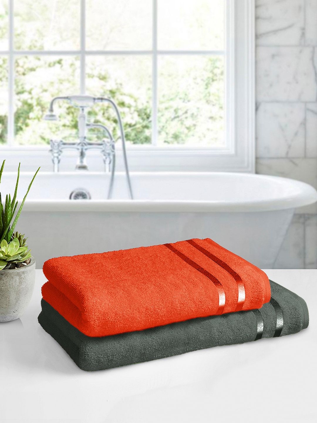 Story@home Set Of 2 Orange & Grey Solid 450 GSM Bath Towels Price in India