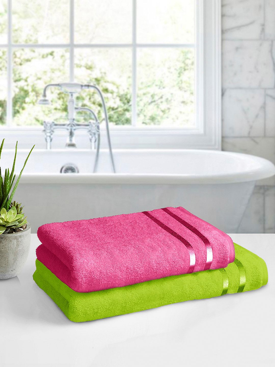 Story@home Pink & Green Pack Of 2 450GSM Pure Cotton Bath Towels Price in India