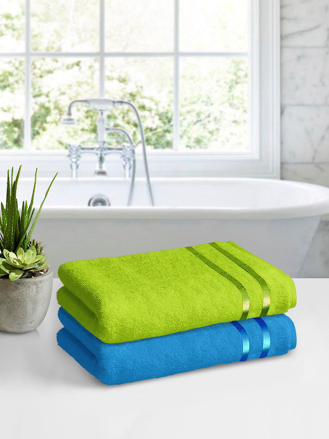 Story@home Set Of 2 Blue & Green Solid 450GSM Pure Cotton Medium Size Bath Towels Price in India