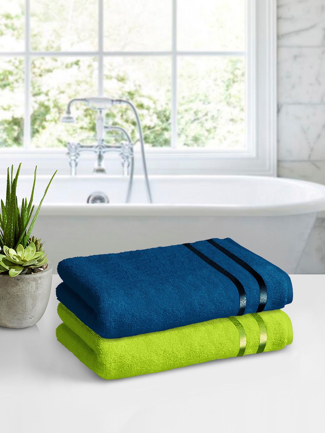 Story@home Green & Navy Blue Pack Of 2 450GSM Pure Cotton Bath Towels Price in India