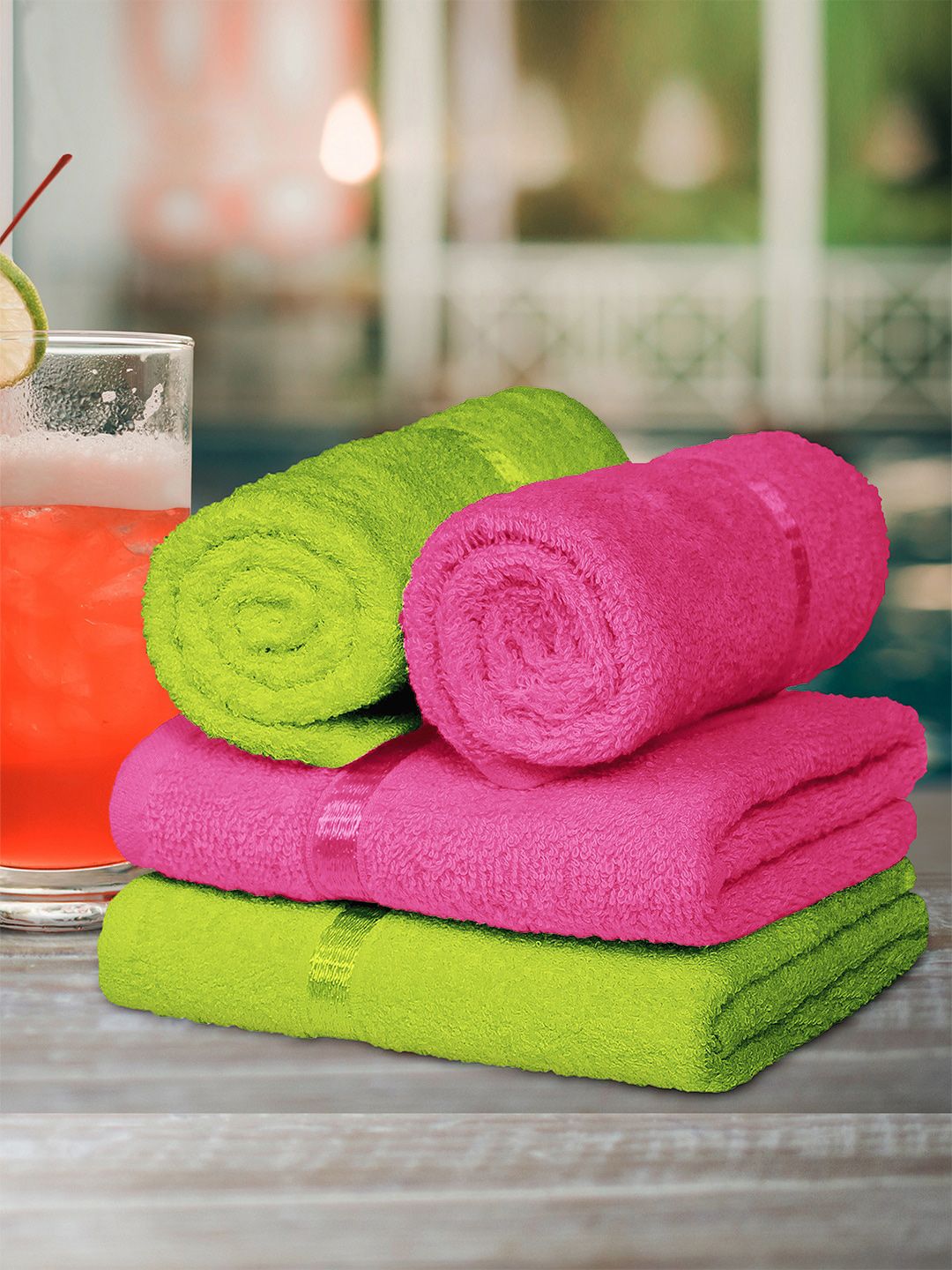 Story@home Set of 4 Green & Pink 450 GSM Cotton Hand Towels Price in India