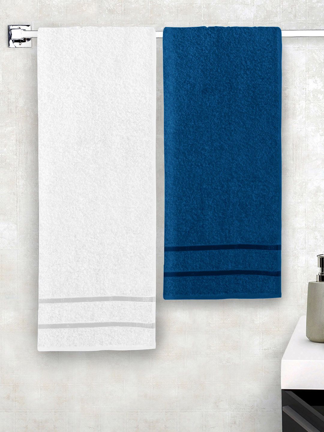 Story@home Set of 2 Navy Blue & White 450 GSM Cotton Bath Towels Price in India
