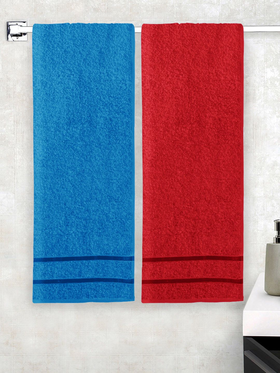 Story@home Blue & Red Pack Of 2 450GSM Pure Cotton Bath Towels