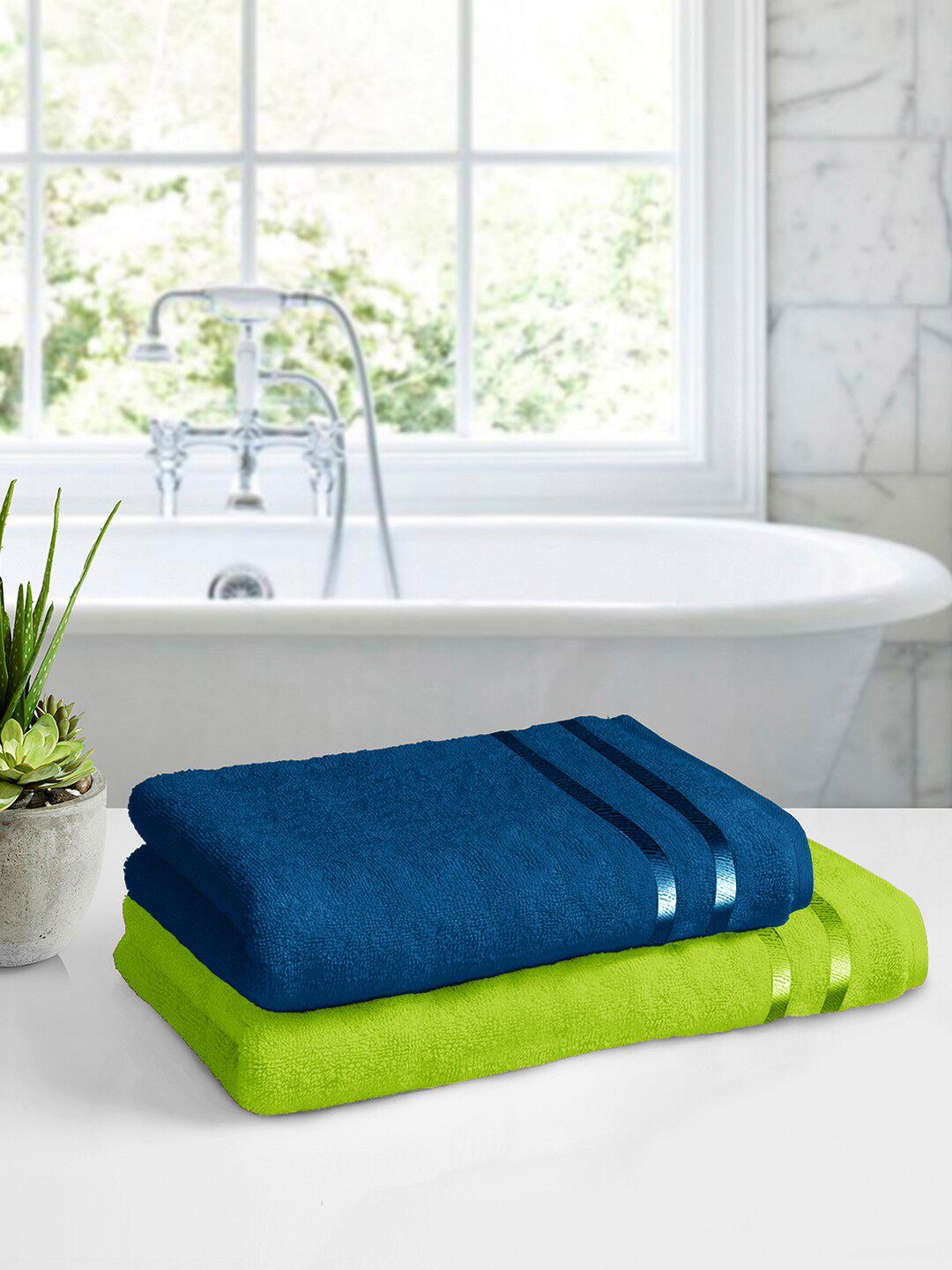 Story@home Blue & Green Pack Of 2 450GSM Pure Cotton Bath Towels Price in India