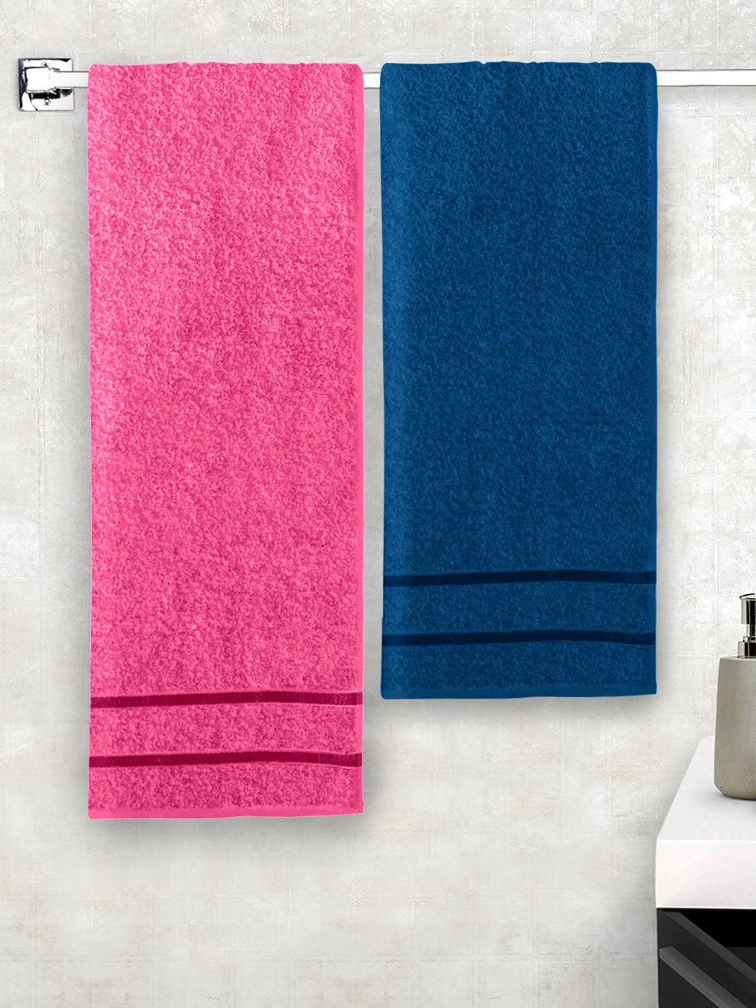 Story@home Pink & Navy Blue Pack Of 2 450GSM Pure Cotton Bath Towels Price in India