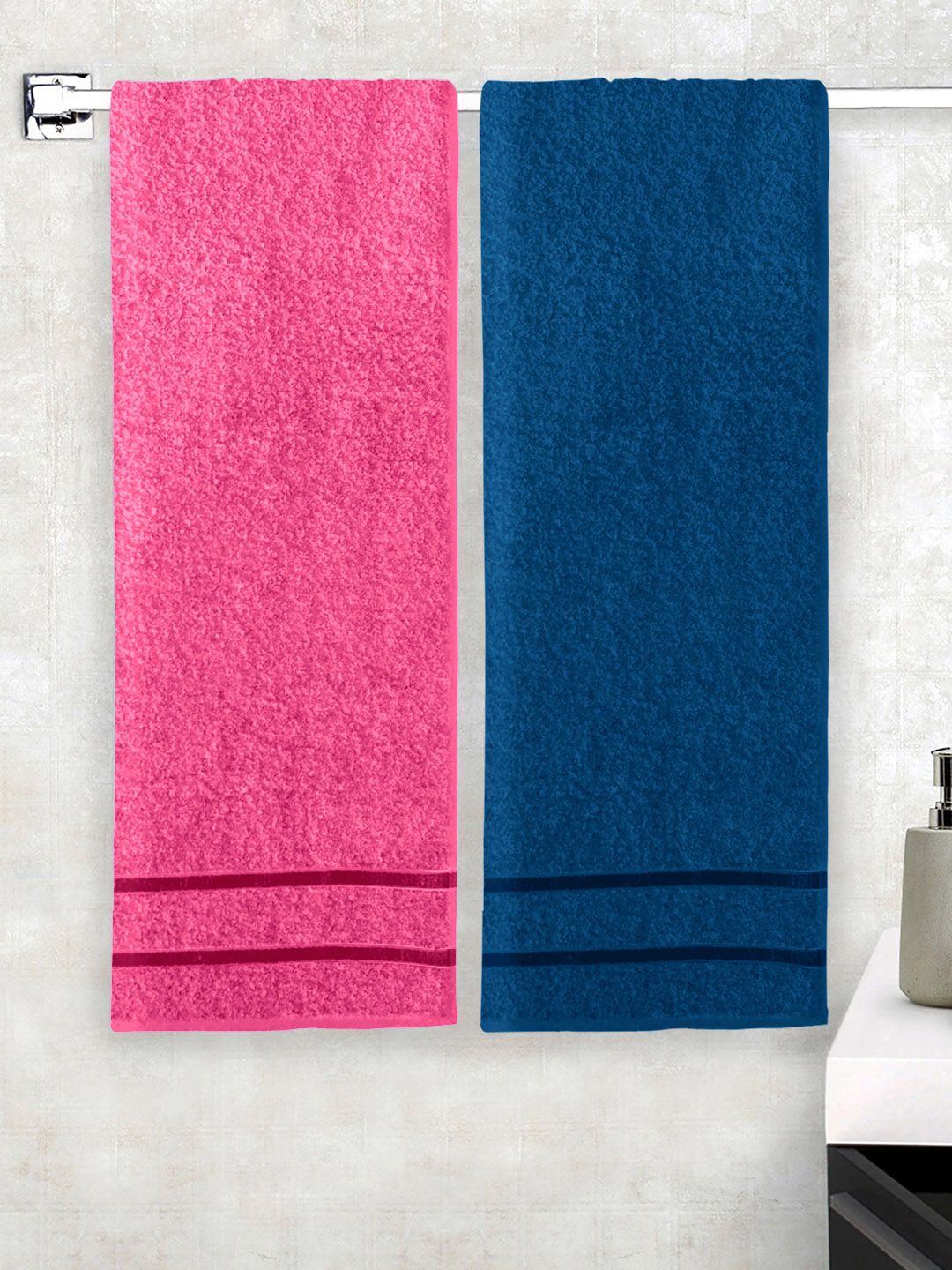 Story@home Set of 2 Pink & Navy Blue 450 GSM Cotton Bath Towels Price in India