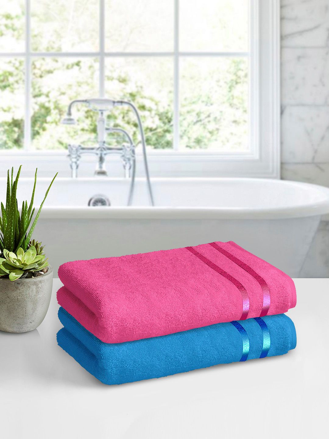 Story@home Set Of 2 Blue & Pink Solid 450GSM Pure Cotton Medium Size Bath Towels Price in India