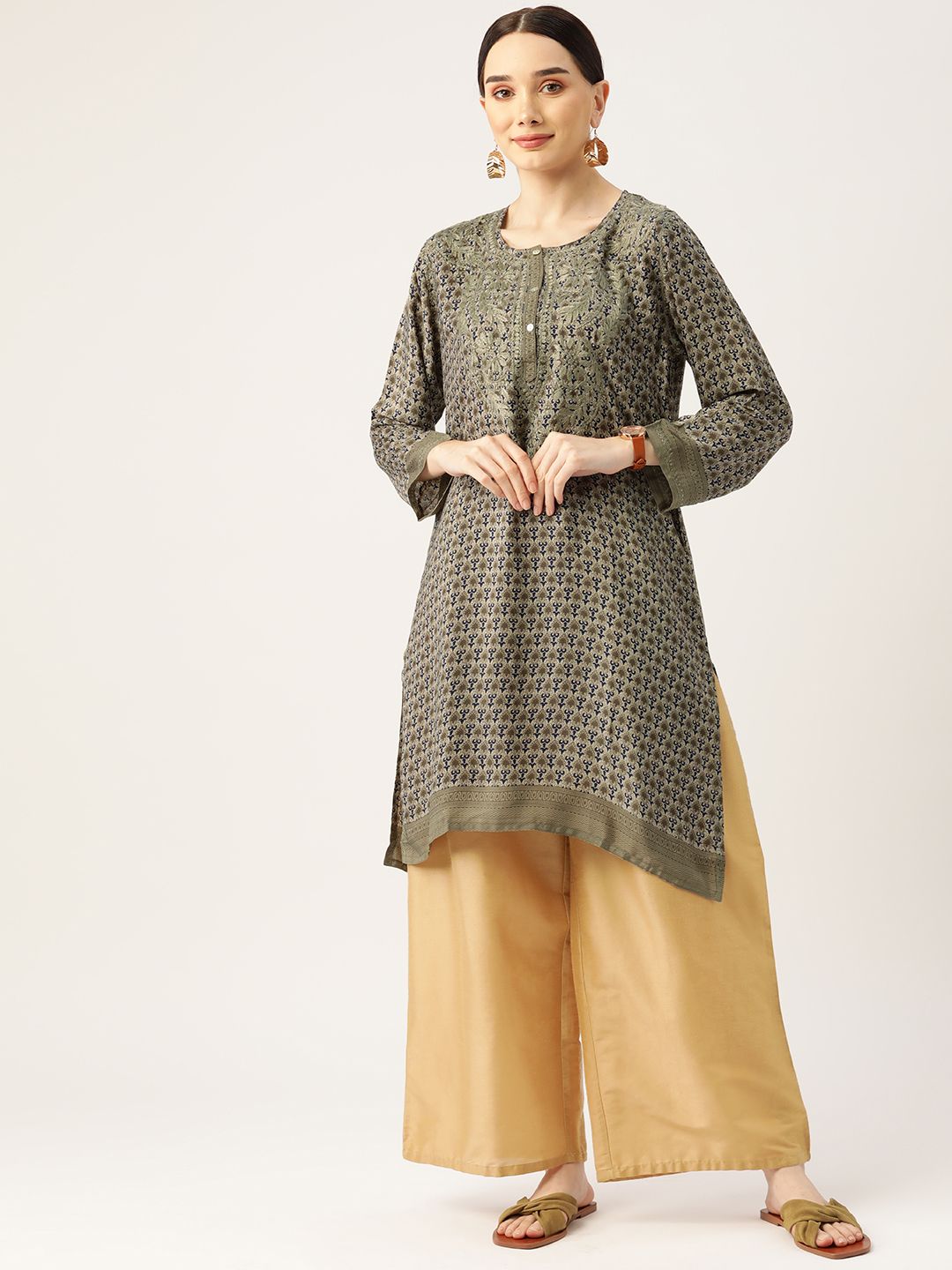 HOUSE OF KARI Navy Blue & Olive Green Embroidered Tunic Price in India