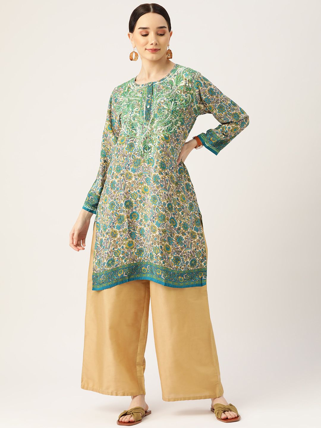 HOUSE OF KARI Green & Blue Chikankari Embroidered Tunic Price in India