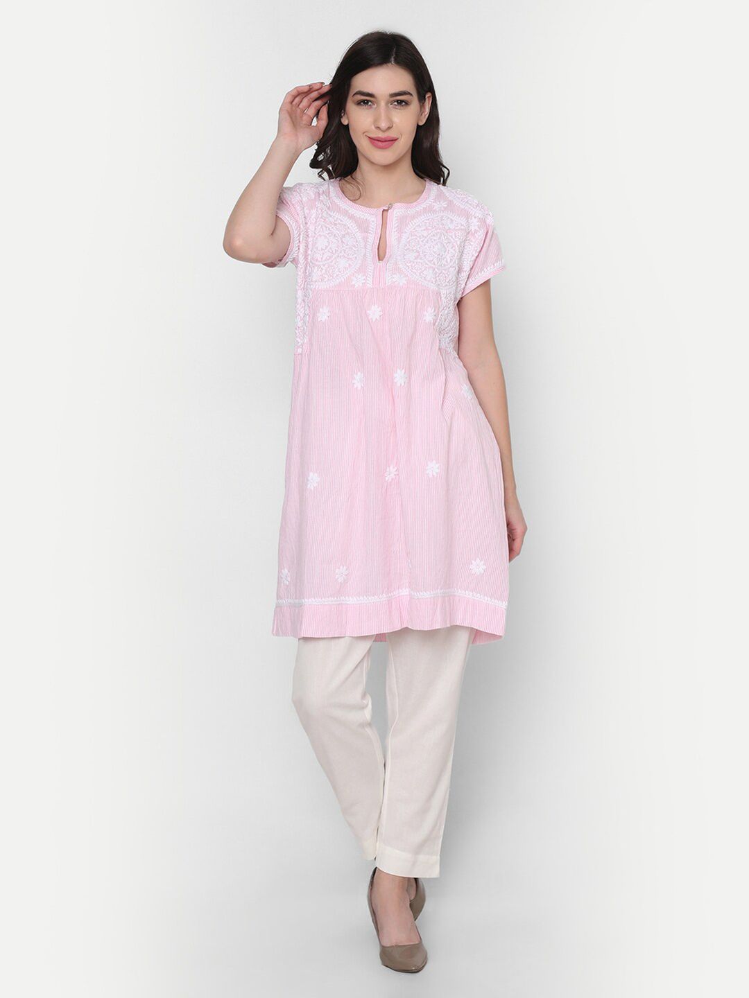 HOUSE OF KARI Pink & White Embroidered Tunic Price in India
