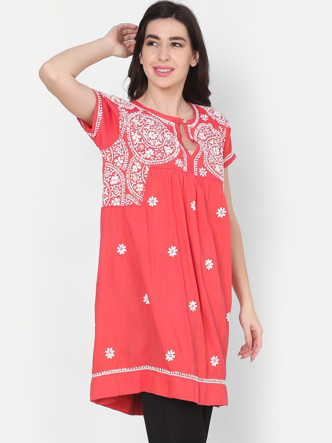 HOUSE OF KARI Pink & White Embroidered Tunic Price in India