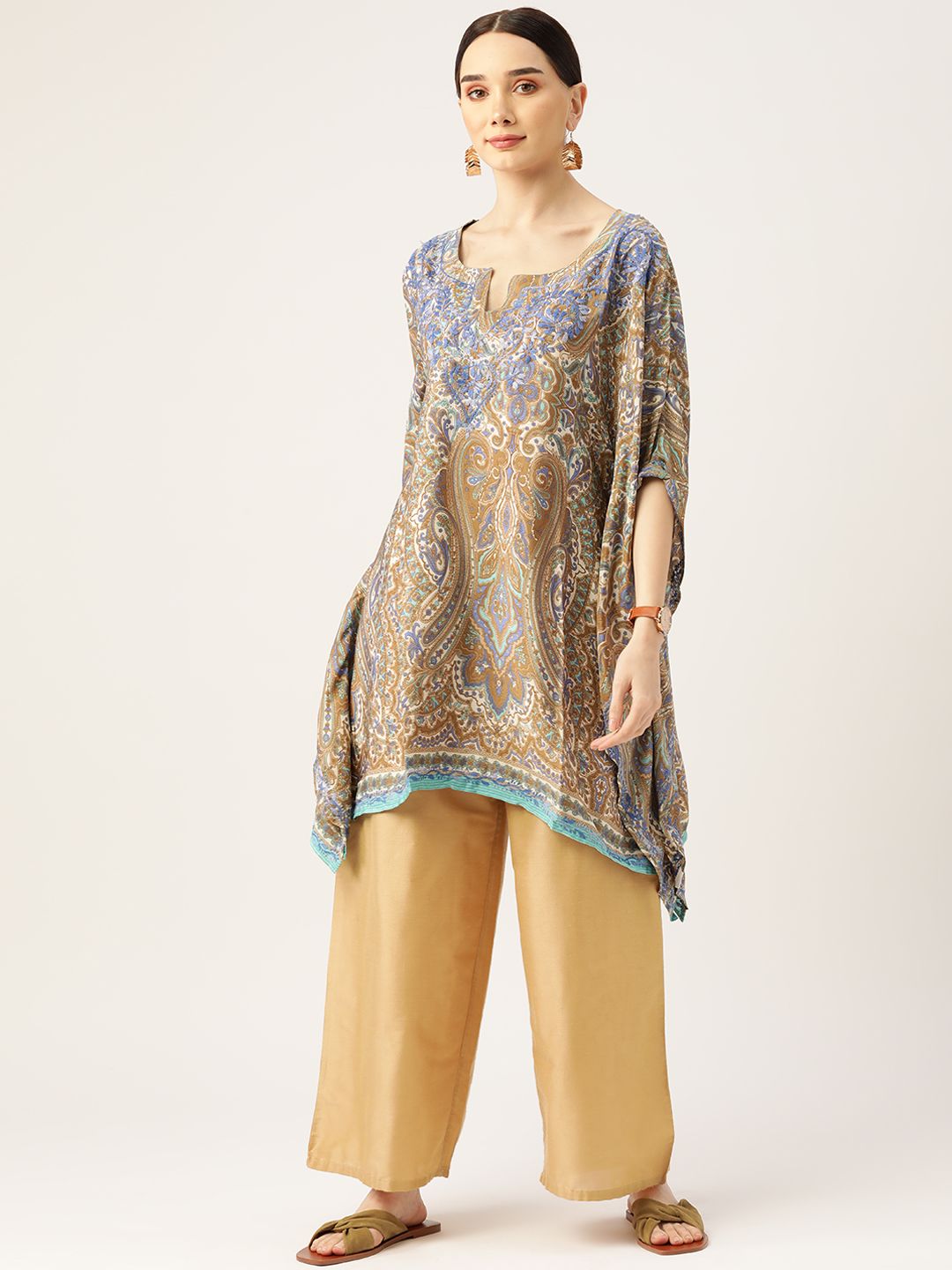 HOUSE OF KARI Brown & Blue Ethnic Motifs Embroidered V-Neck Flared Sleeves Kaftan Kurti Price in India