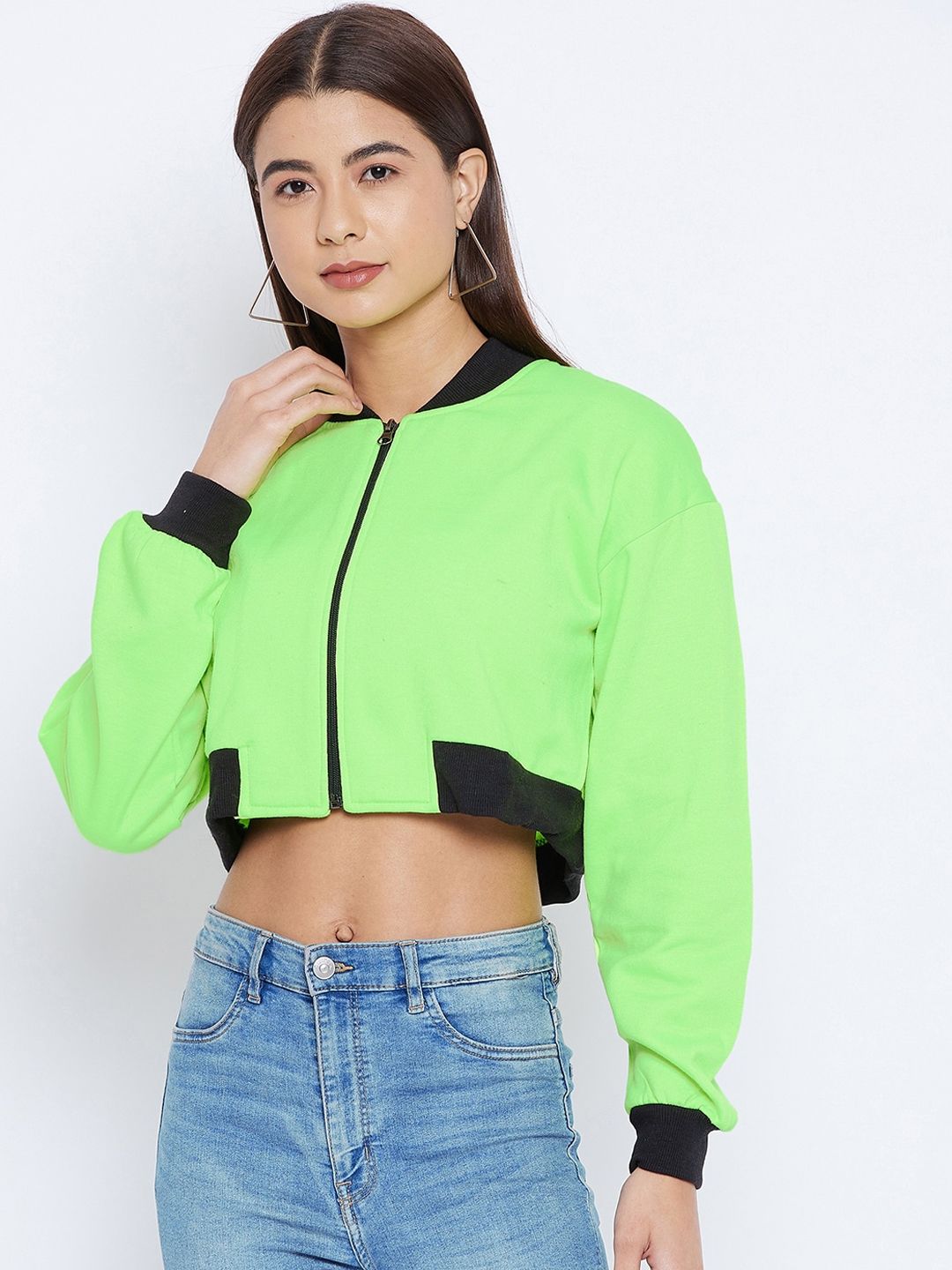 STALK Women Green Fleece Crop Jacket Price in India