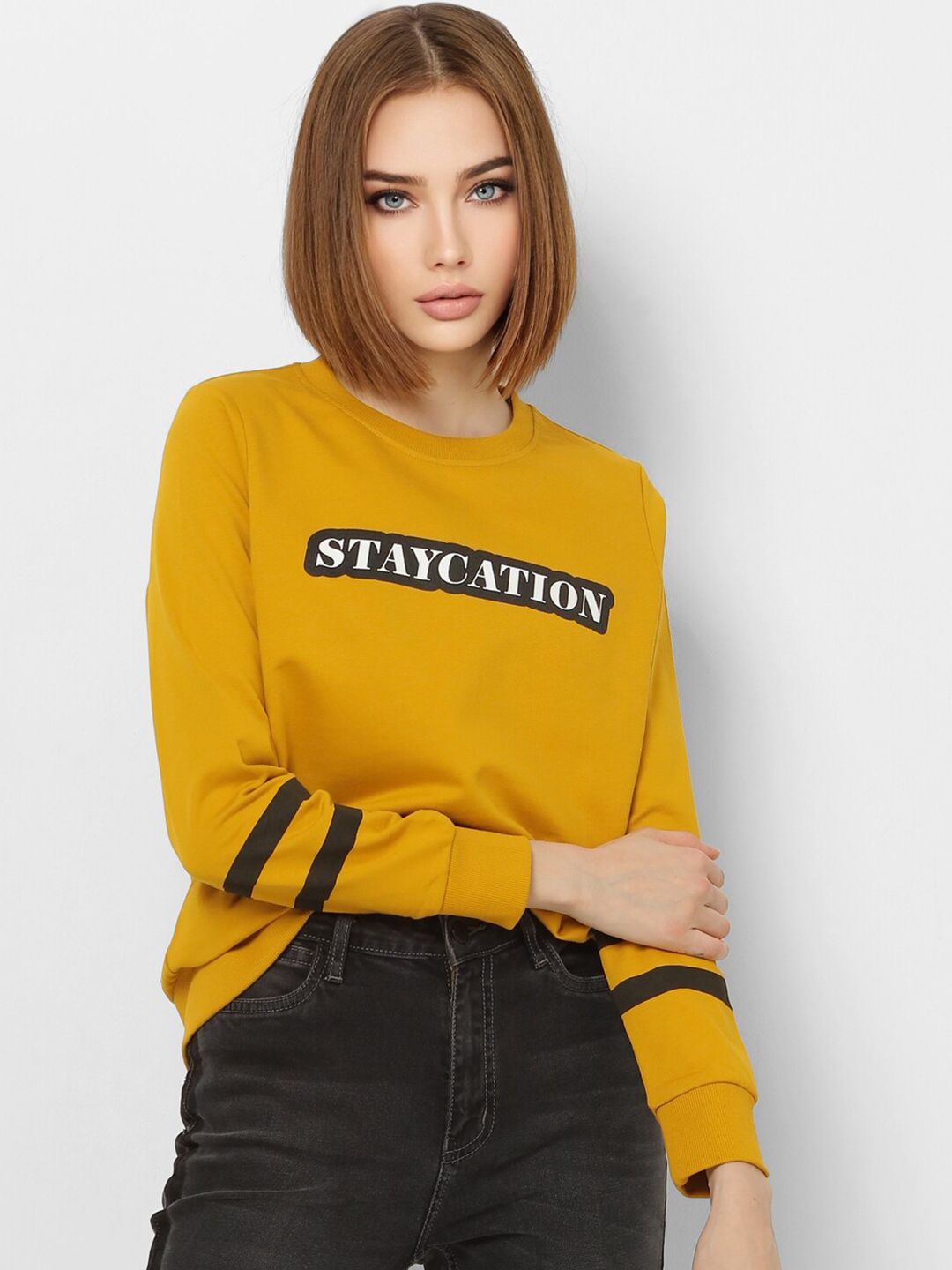 ONLY Women Mustard Yellow Printed Sweatshirt