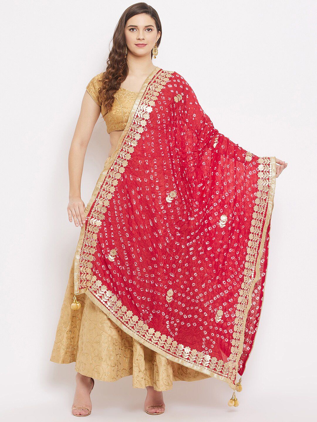 Clora Creation Red & Gold-Toned Bandhani Tie and Dye Dupatta Price in India